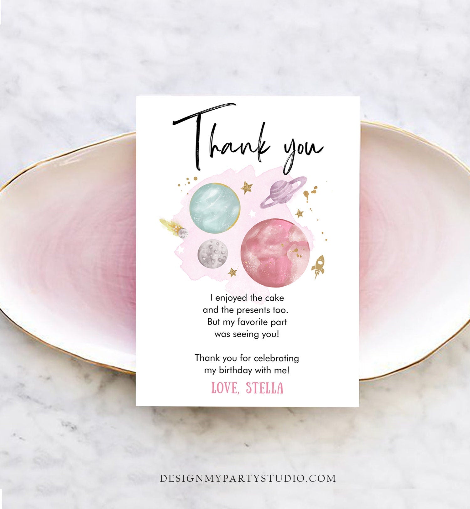 Editable Space Birthday Thank You Card Girl Space Astronaut To the Moon Galaxy Thank You Note Download Printable Template Digital Corjl 0357