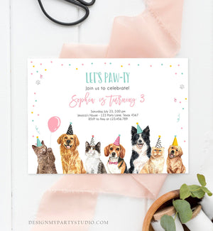 Editable Cats and Dogs Birthday Invitation Cat Dog Birthday Party Invite Girl Kitten Puppy Pawty Download Printable Template Corjl 0384