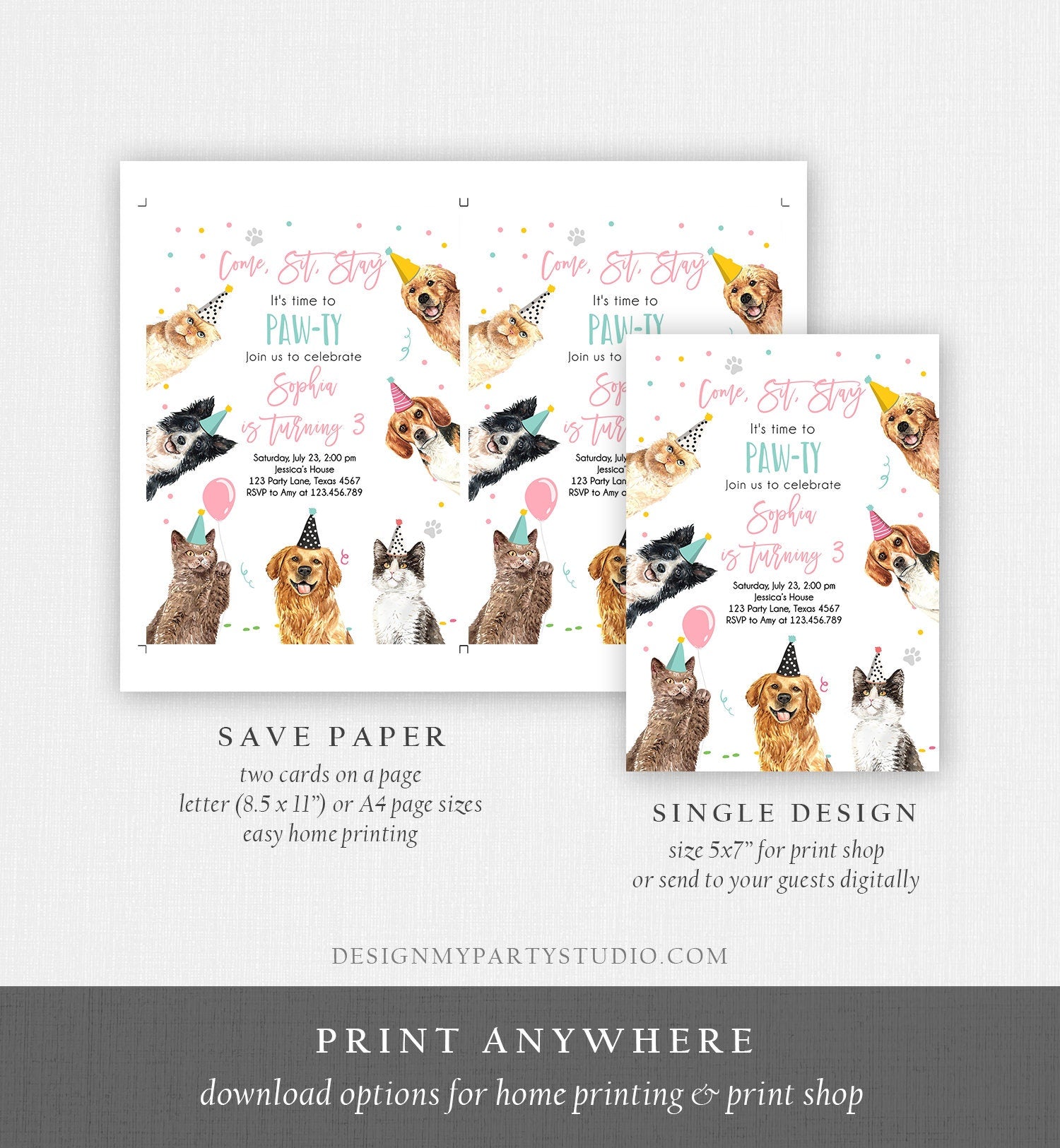 Editable Cats and Dogs Birthday Invitation Cat Dog Birthday Party Invite Girl Kitten Puppy Pawty Download Printable Template Corjl 0384