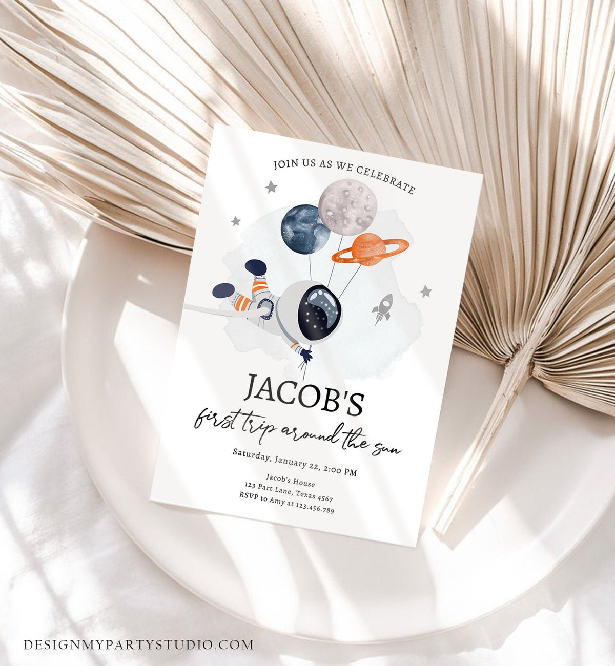 Editable Out of This World Birthday Invitation Outer Space Planets Rocket Ship Galaxy Astronaut Silver Boy Corjl Template Printable 0366