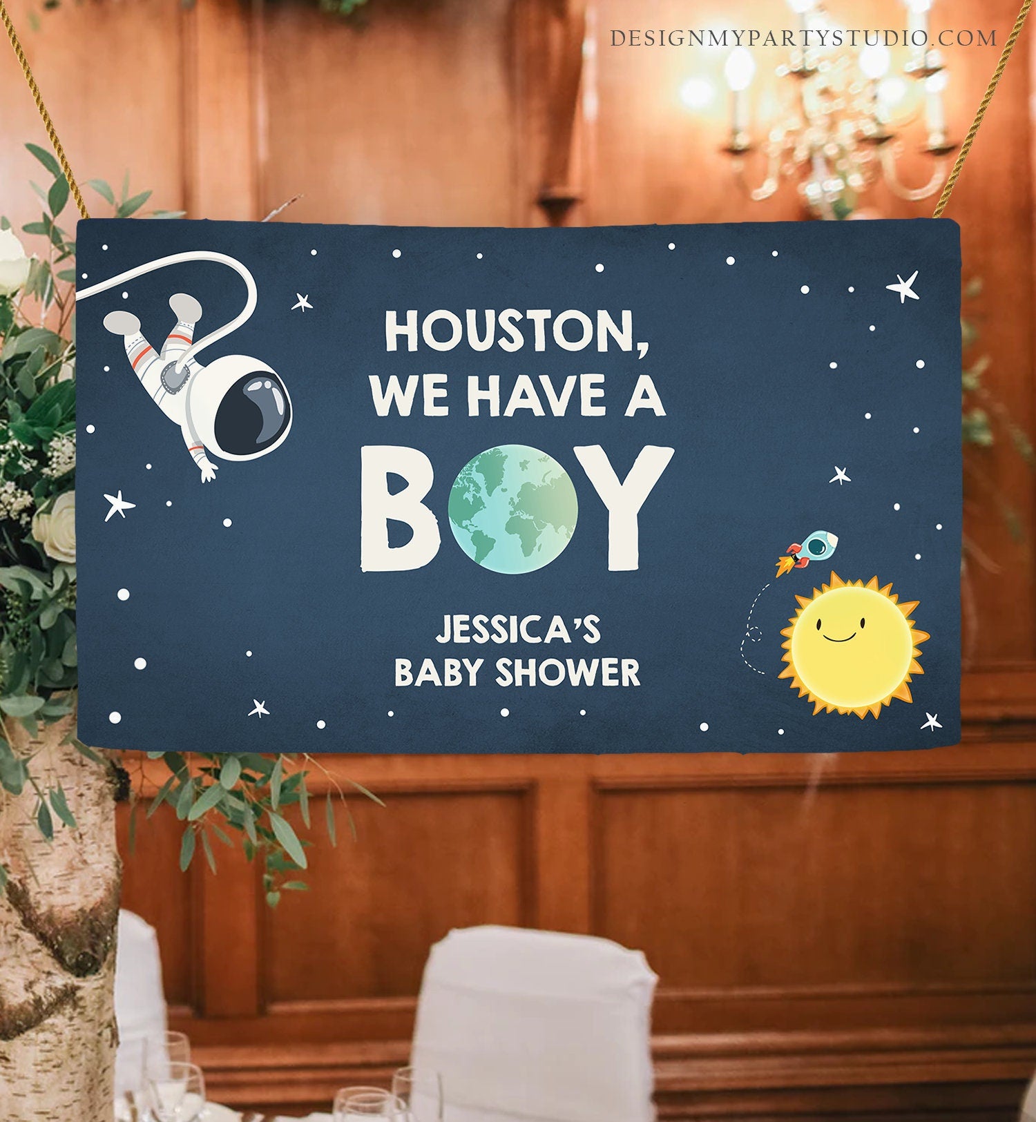 Editable Outer Space Backdrop Banner Astronaut Baby Shower Houston We have a Boy Galaxy Planets Download Corjl Template Printable 0046