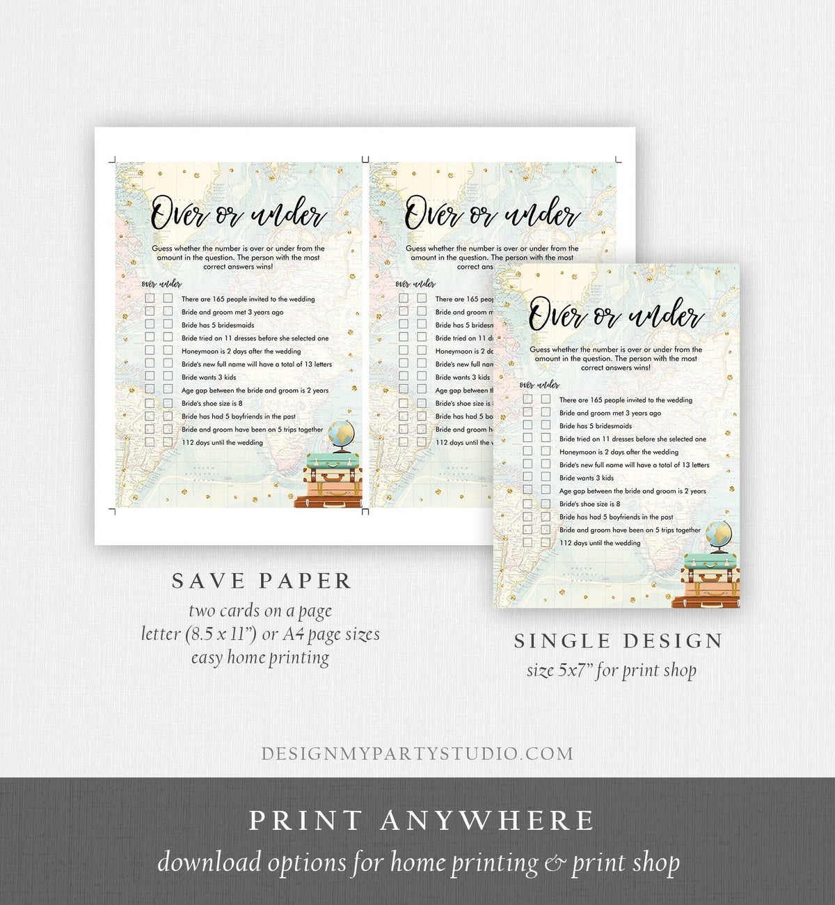 Editable Over or Under Bridal Shower Game Travel More or Less Guess Wedding Shower Activity Vintage Map Party Corjl Template Printable 0263