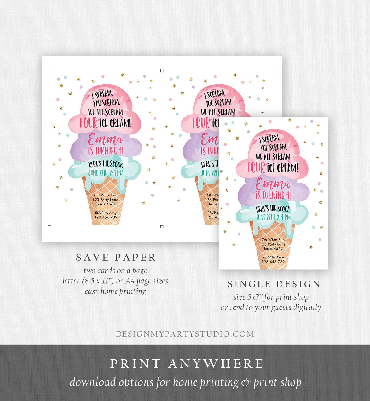 Editable Ice Cream I Scream Birthday Invitation Four Birthday Party 4th Here&#39;s the Scoop Cone Pink Mint Gold Purple Corjl Template 0243