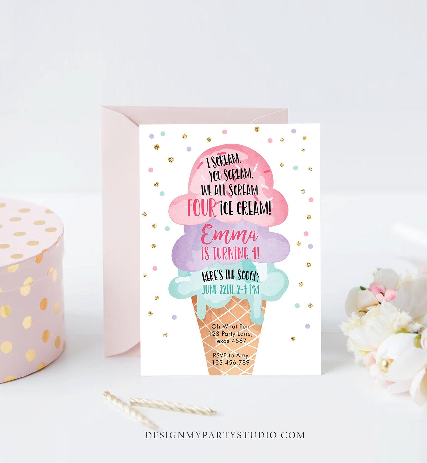 Editable Ice Cream I Scream Birthday Invitation Four Birthday Party 4th Here's the Scoop Cone Pink Mint Gold Purple Corjl Template 0243
