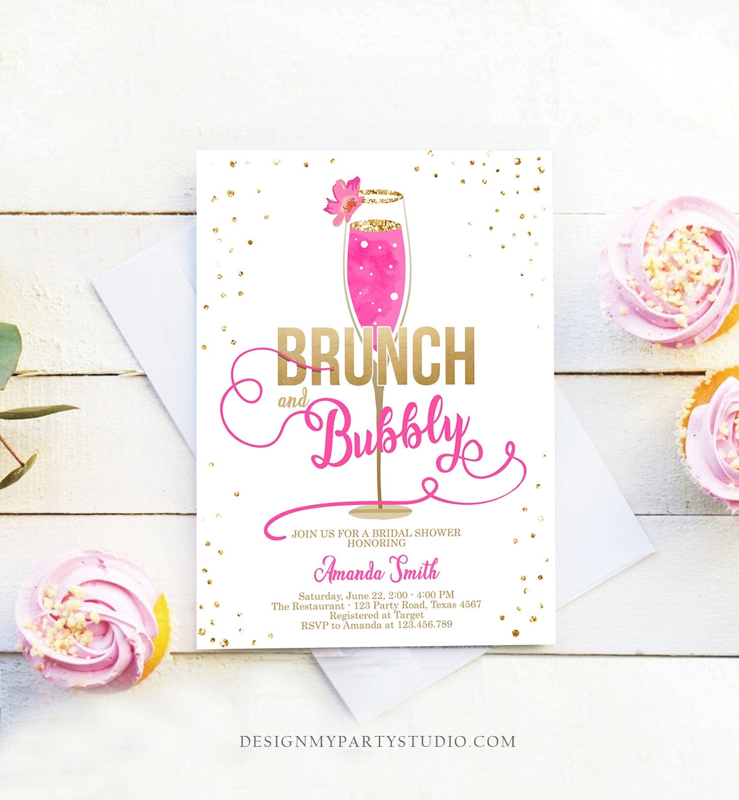 Editable Brunch and Bubbly Bridal Shower Invitation Floral Champagne Gold Hot Pink Wedding Download Printable Template Digital Corjl 0150