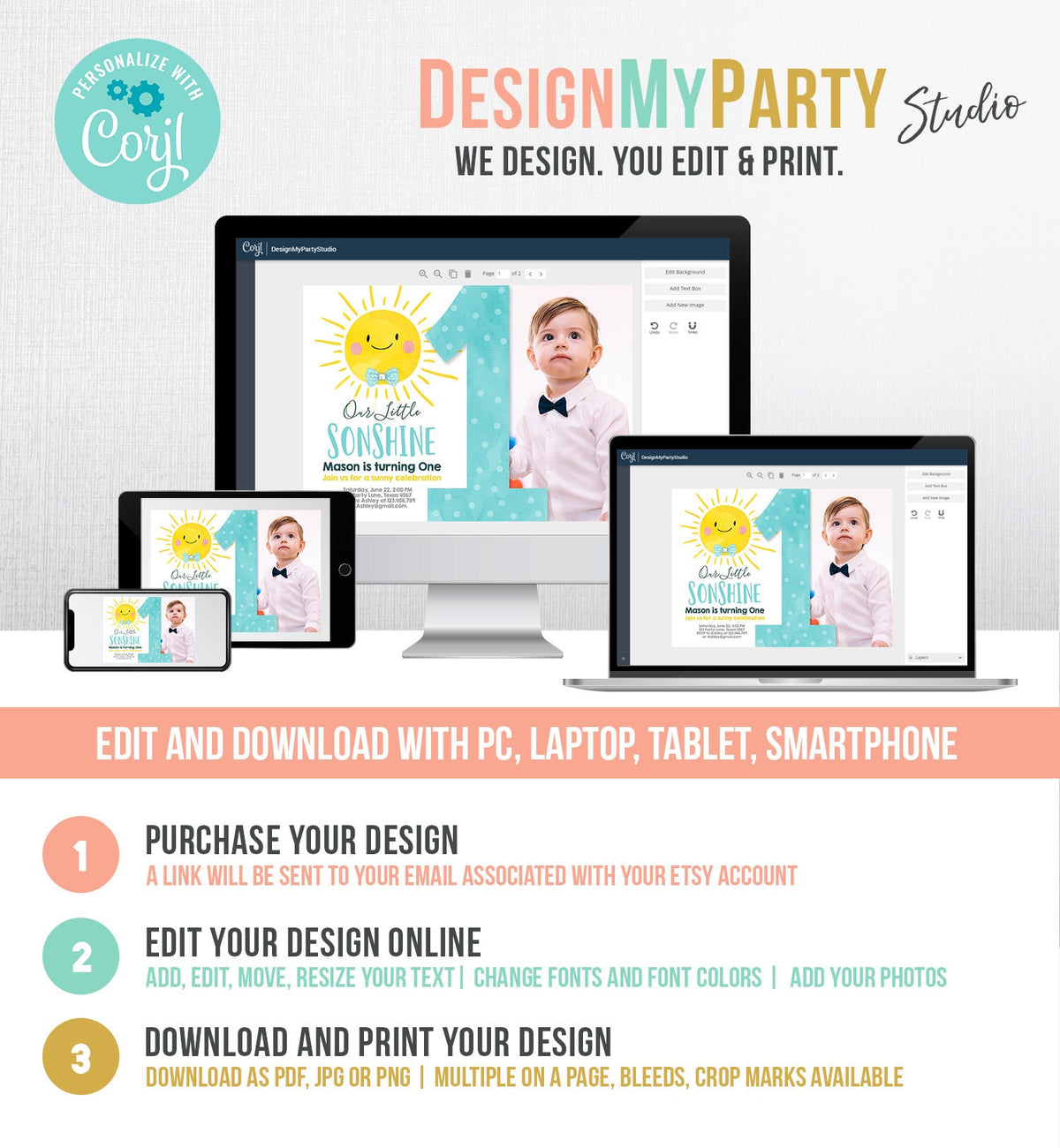 Editable Our Little Sonshine Birthday Invitation Summer Sunshine Party Blue Boy Summer First Birthday Download Evite Template Printable 0141