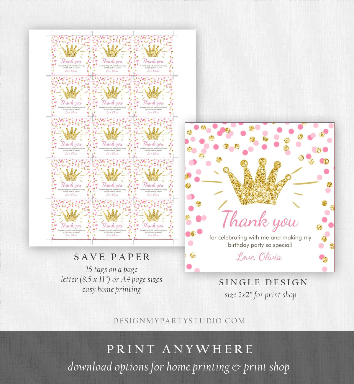 Editable Princess Favor Tags Birthday Thank You Tag Girl Pink Gold Royal Party Crown Little Miss Onederful Corjl Template Printable 0047
