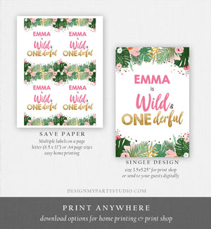 Editable Wild and Onederful Capri Sun Labels Juice Pouch Labels Safari Leaves Girl First Birthday Gold Pink Corjl Template Printable 0332