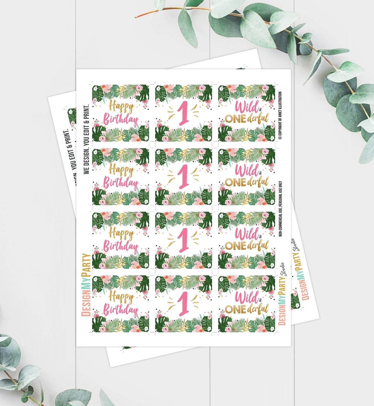 Wild and Onederful Cupcake Toppers Favor Tags Safari Party Decoration Girl First Birthday Wild One Pink Gold Digital Download Printable 0332