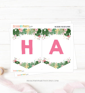 Happy Birthday Banner Safari Leaves Girl Birthday Tropical Party Pink Gold Wild One Animals Decorations Digital Download Printable 0332