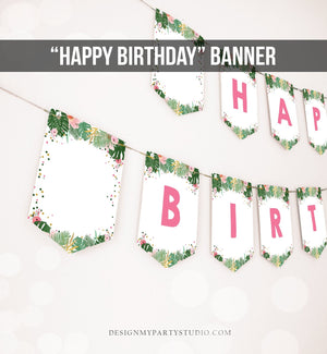 Happy Birthday Banner Safari Leaves Girl Birthday Tropical Party Pink Gold Wild One Animals Decorations Digital Download Printable 0332