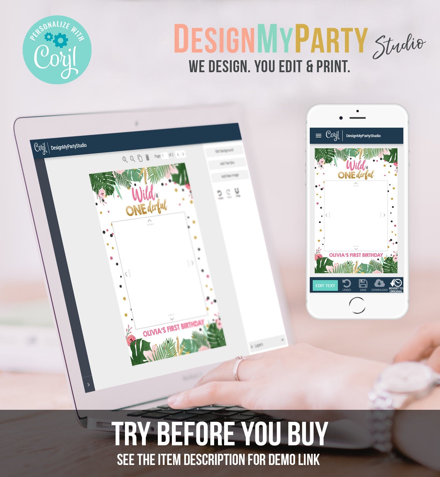 Editable Safari Birthday Photo Frame Pink Gold Girl First Birthday Wild Onederful Wild One Party Booth Decor Animals Corjl Template 0332