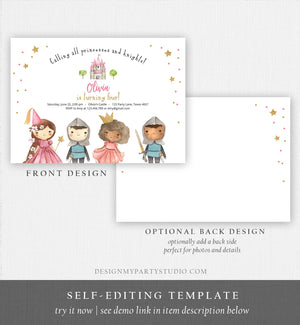 Editable Princess and Knight Birthday invitation Once Upon a Time Princess Birthday Girl Pink Castle Download Printable Template Corjl 0171