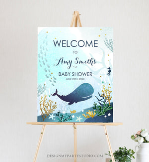 Editable Whale Welcome Sign Baby Shower Birthday Party Nautical Ocean It's a Boy Blue Whale Under the Sea Corjl Template Printable 0118