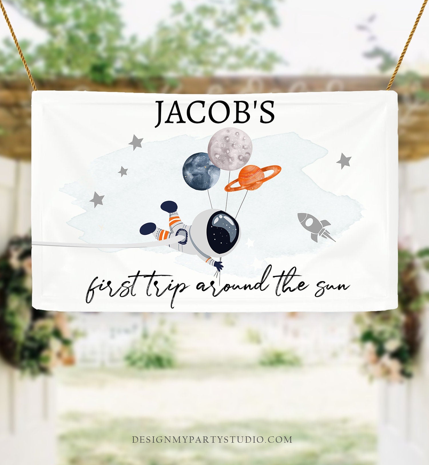 Editable Outer Space Backdrop Banner Space Birthday Boy First Trip Around the Sun Galaxy Planets Download Corjl Template Printable 0366