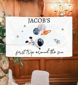 Editable Outer Space Backdrop Banner Space Birthday Boy First Trip Around the Sun Galaxy Planets Download Corjl Template Printable 0366