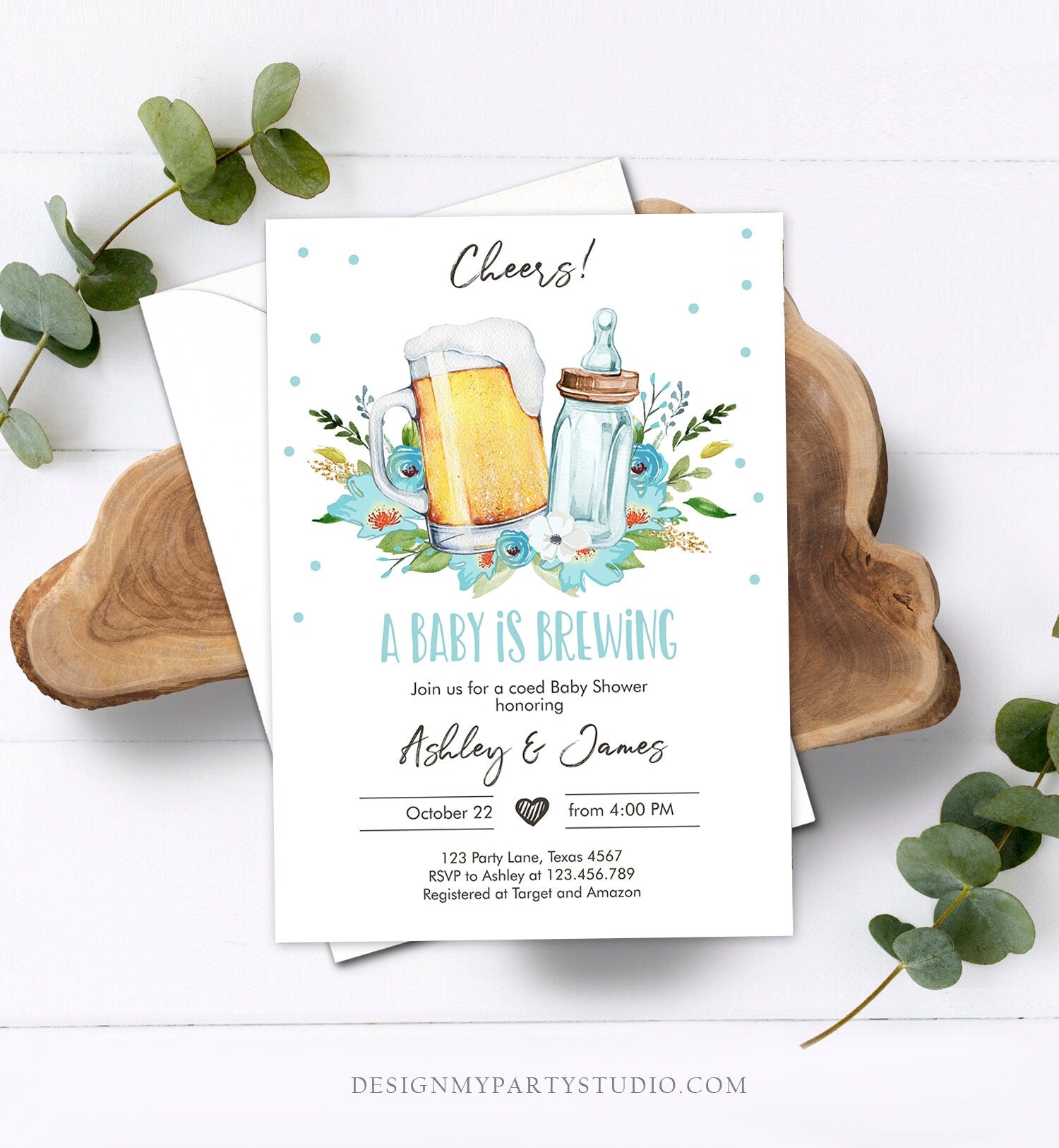 Editable A Baby is Brewing Invitation Bottle and Beers Baby Shower Boy Cheers Coed Couples Shower Download Printable Template Corjl 0190