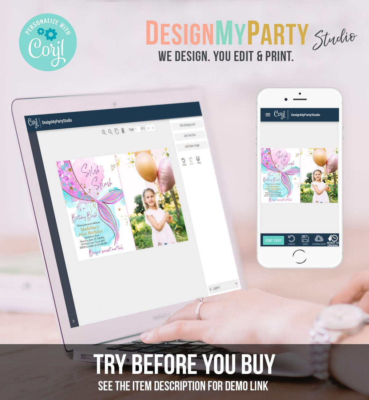 Editable Mermaid Birthday Party Invitation Girl Pink Purple Gold Mermaid Birthday Under The Sea Digital Download Template Printable 0403