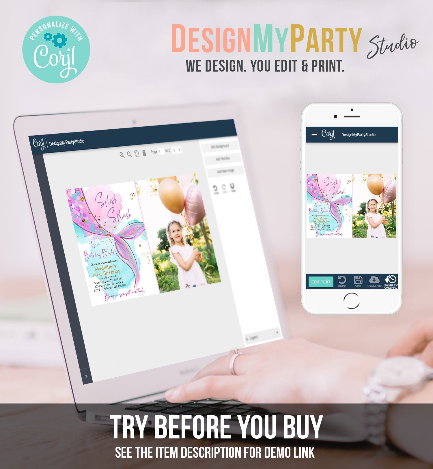 Editable Mermaid Birthday Party Invitation Girl Pink Purple Gold Mermaid Birthday Under The Sea Digital Download Template Printable 0403