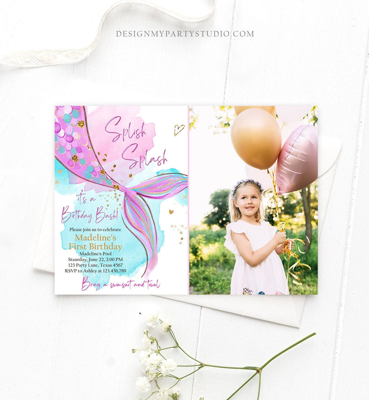 Editable Mermaid Birthday Party Invitation Girl Pink Purple Gold Mermaid Birthday Under The Sea Digital Download Template Printable 0403