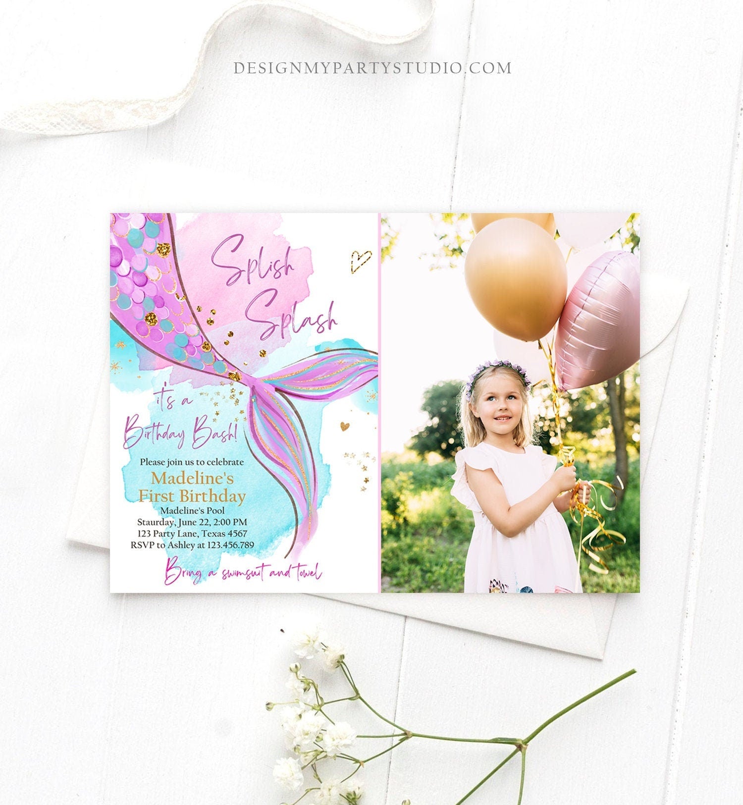 Editable Mermaid Birthday Party Invitation Girl Pink Purple Gold Mermaid Birthday Under The Sea Digital Download Template Printable 0403