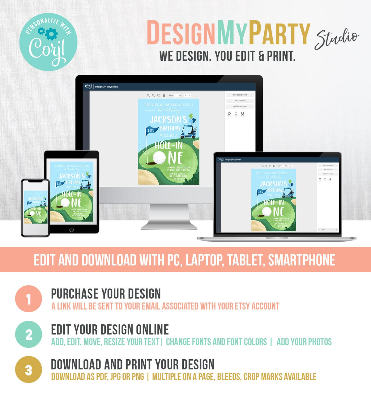 Editable Hole in One Birthday Invitation First Birthday Par-tee Golf Birthday Boy Golfing Digital Download Evite Template Printable 0405