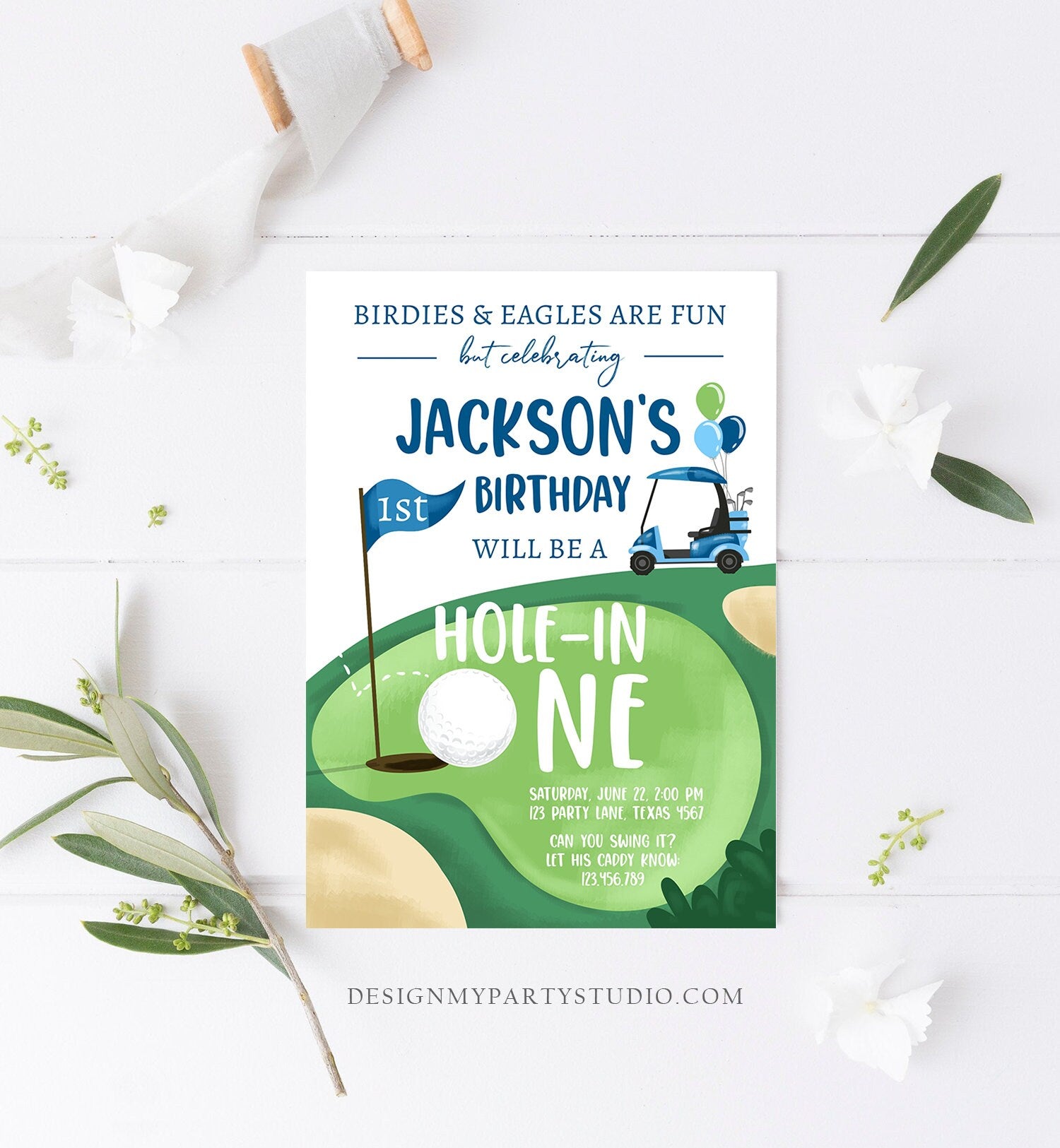 Editable Hole in One Birthday Invitation Golf First Birthday Par-tee Golf Invite Boy Golfing Download Printable Template Digital Corjl 0405