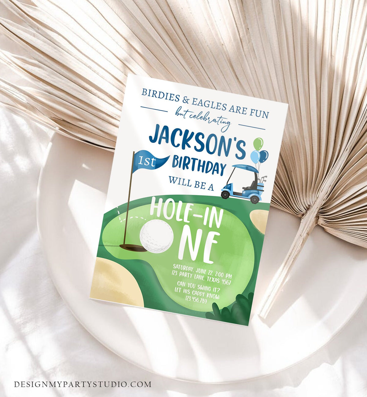 Editable Hole in One Birthday Invitation Golf First Birthday Par-tee Golf Invite Boy Golfing Download Printable Template Digital Corjl 0405