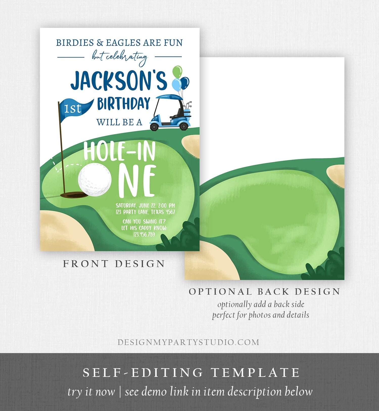 Editable Hole in One Birthday Invitation Golf First Birthday Par-tee Golf Invite Boy Golfing Download Printable Template Digital Corjl 0405