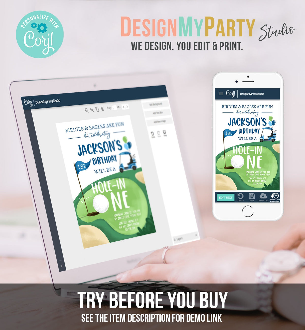 Editable Hole in One Birthday Invitation Golf First Birthday Par-tee Golf Invite Boy Golfing Download Printable Template Digital Corjl 0405