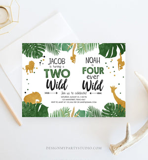 Editable Two Wild Four Ever Wild Birthday Invitation Boys Brothers Safari Animals Party Gold Joint Combined Printable Corjl Template 0016