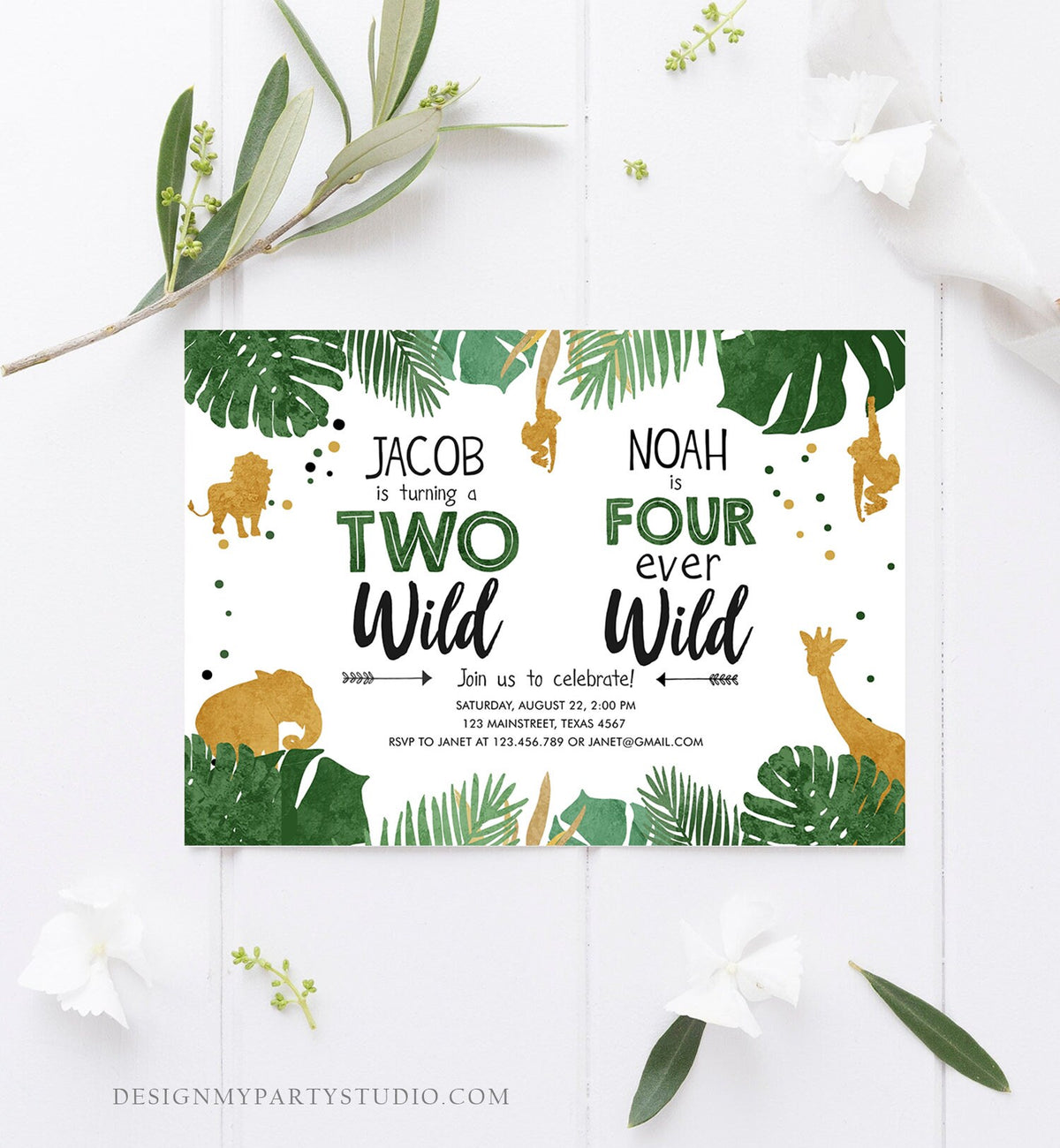 Editable Two Wild Four Ever Wild Birthday Invitation Boys Brothers Safari Animals Party Gold Joint Combined Printable Corjl Template 0016