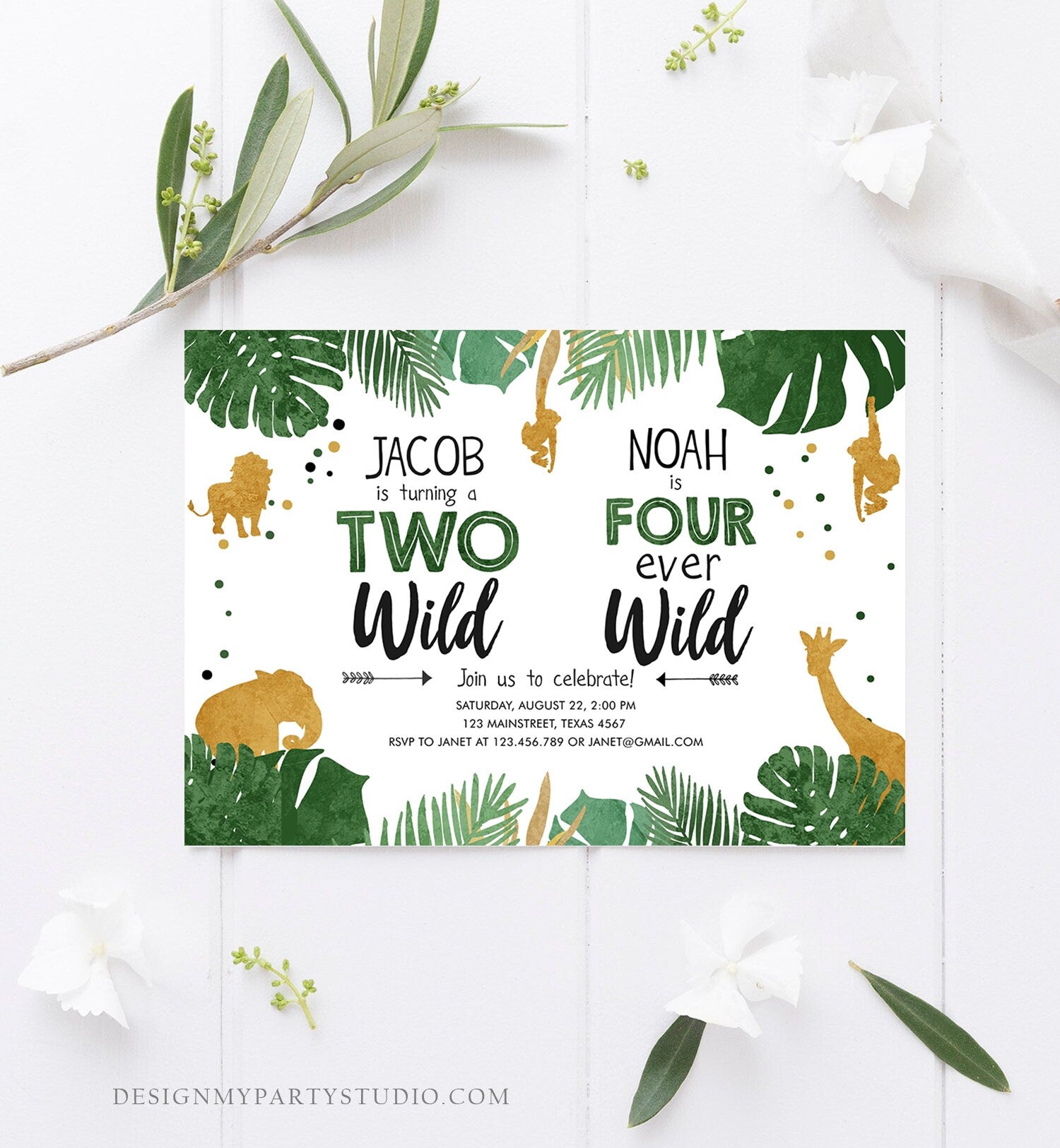Editable Two Wild Four Ever Wild Birthday Invitation Boys Brothers Safari Animals Party Gold Joint Combined Printable Corjl Template 0016