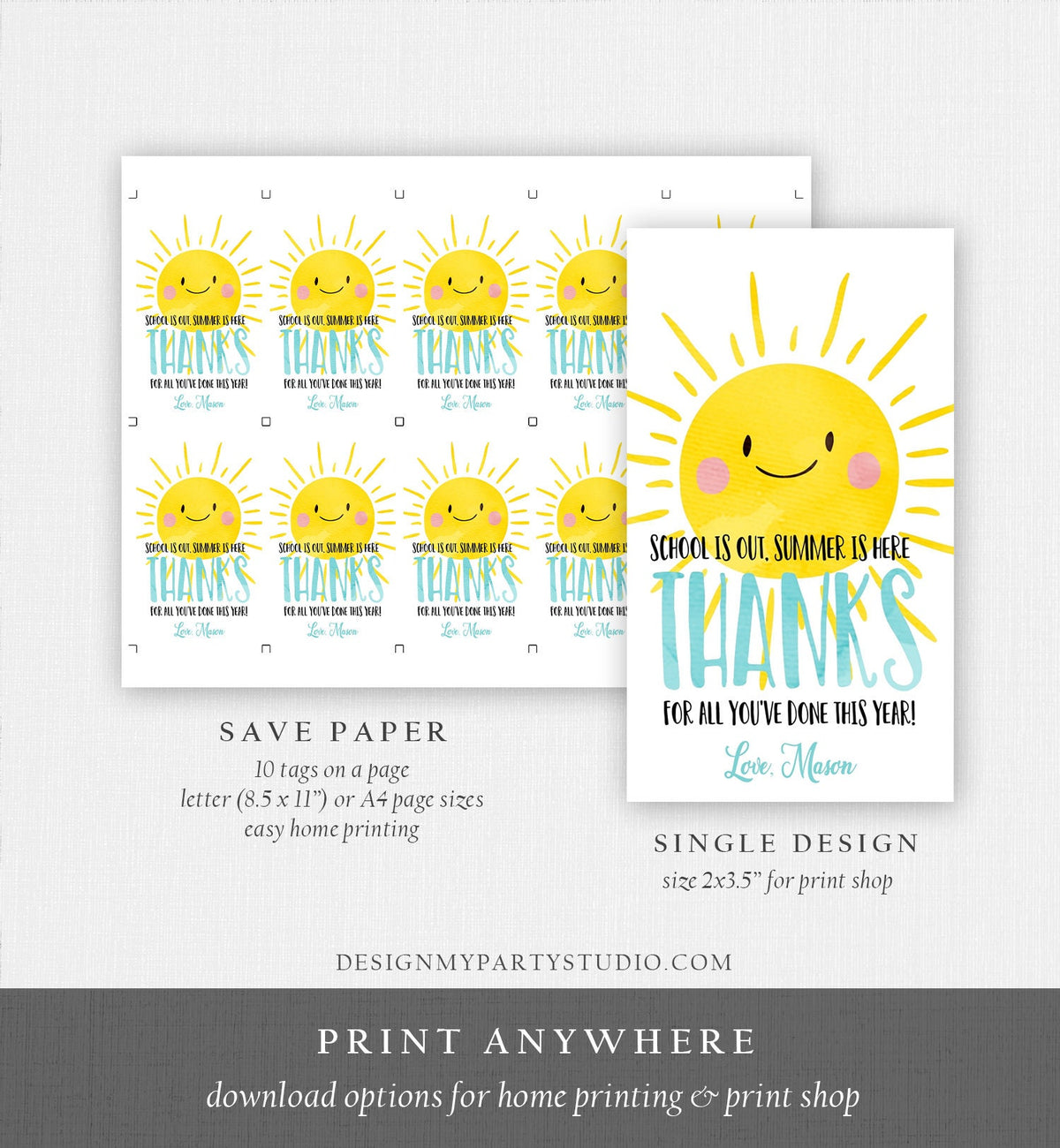 Editable Teacher Appreciation Gift Tags Sunshine Thank You Tag Schools Out Summer End of Year Tag Boy Digital Template Printable 0141 0464