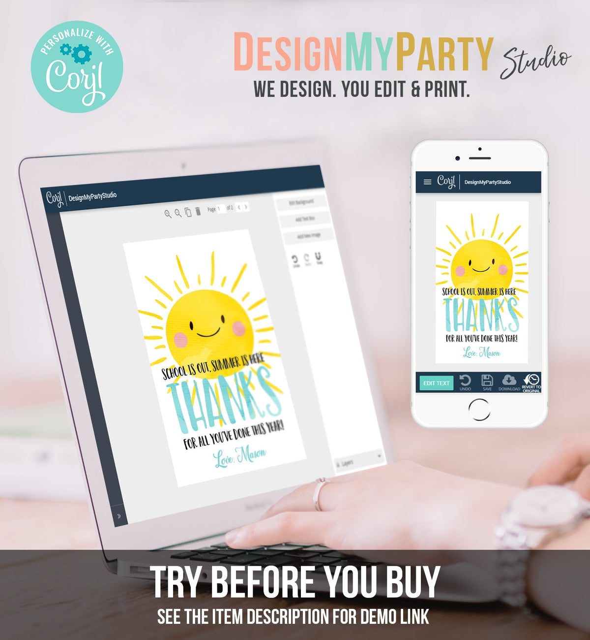 Editable Teacher Appreciation Gift Tags Sunshine Thank You Tag Schools Out Summer End of Year Tag Boy Digital Template Printable 0141 0464