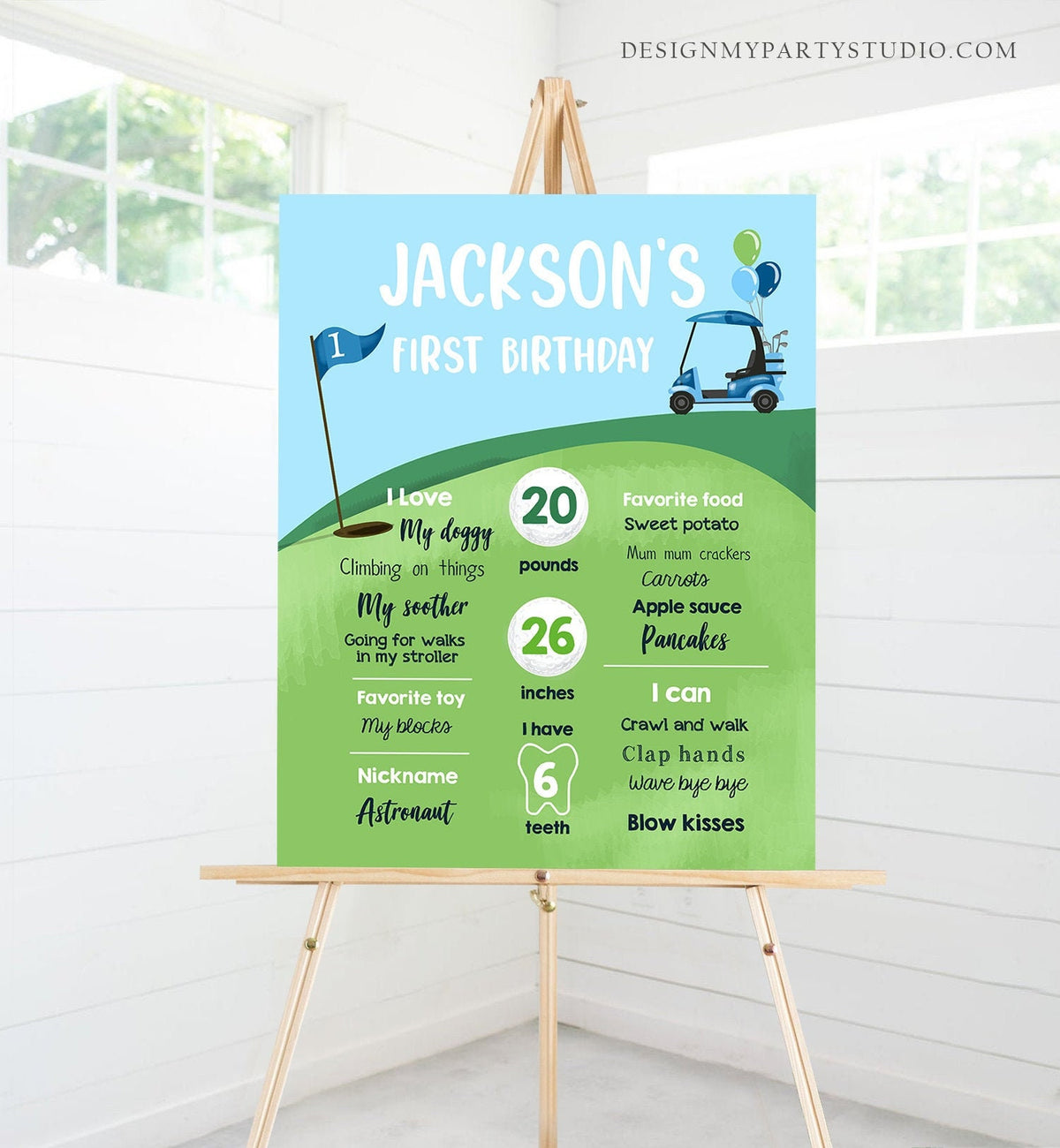 Editable Golf Birthday Milestones Sign Hole in One Golf First Birthday Boy 1st Golf Court Golf Party Decor Template Printable Corjl 0405
