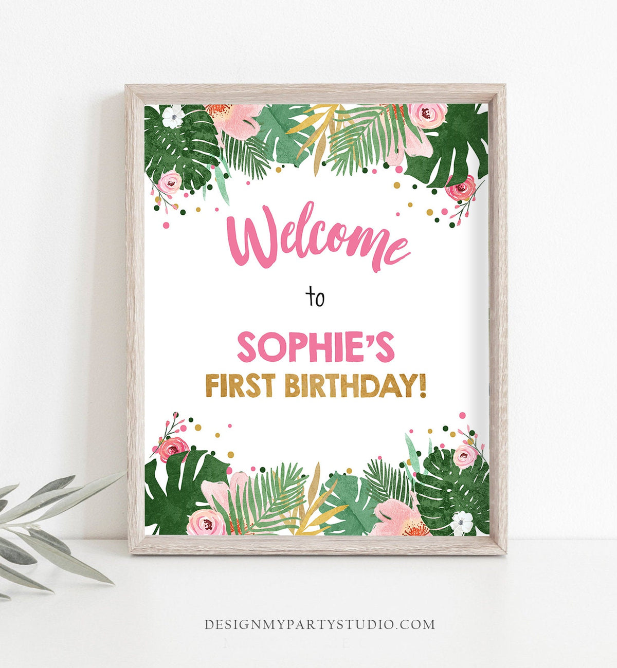 Editable Safari Welcome Sign Tropical Baby Shower Party Animals Sign Zoo Table Sign Pink Gold Girl Corjl Template Download PRINTABLE 0332