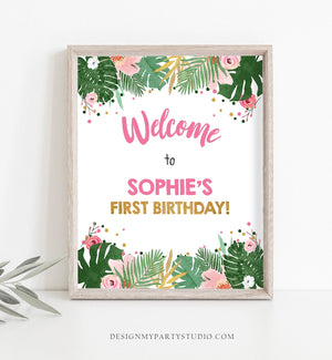 Editable Safari Welcome Sign Tropical Baby Shower Party Animals Sign Zoo Table Sign Pink Gold Girl Corjl Template Download PRINTABLE 0332