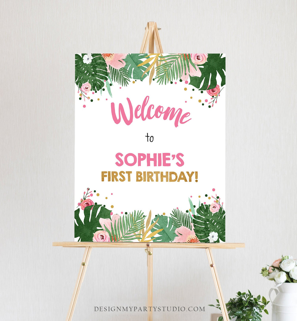 Editable Safari Welcome Sign Tropical Baby Shower Party Animals Sign Zoo Table Sign Pink Gold Girl Corjl Template Download PRINTABLE 0332