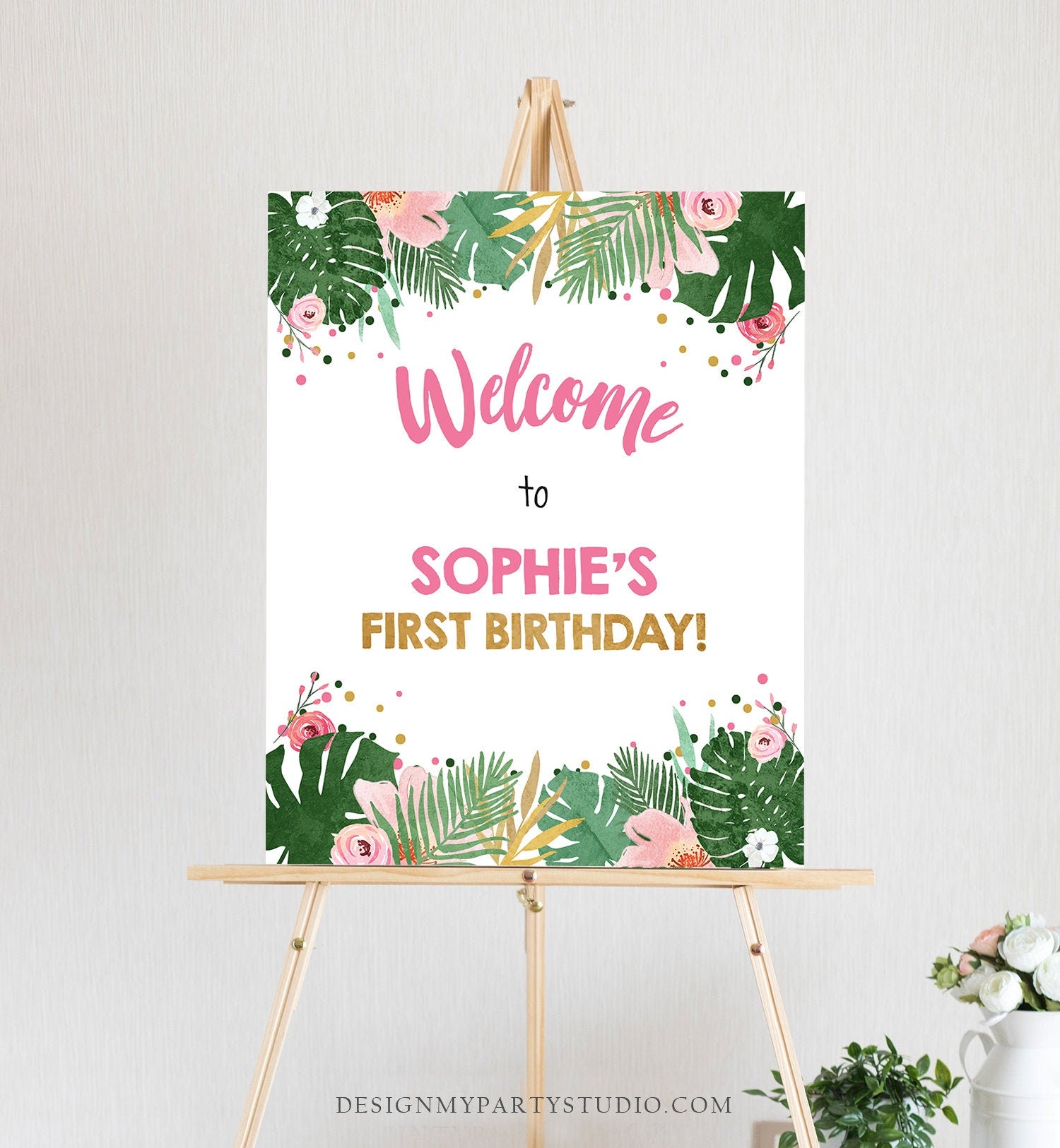 Editable Safari Welcome Sign Tropical Baby Shower Party Animals Sign Zoo Table Sign Pink Gold Girl Corjl Template Download PRINTABLE 0332