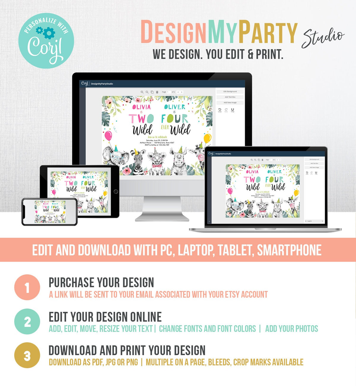 Editable Two Wild Four Ever Wild Birthday Invitation Party Animals Boy Girl Second Fourth 2nd 4th Safari Coed Joint Corjl Template 0322