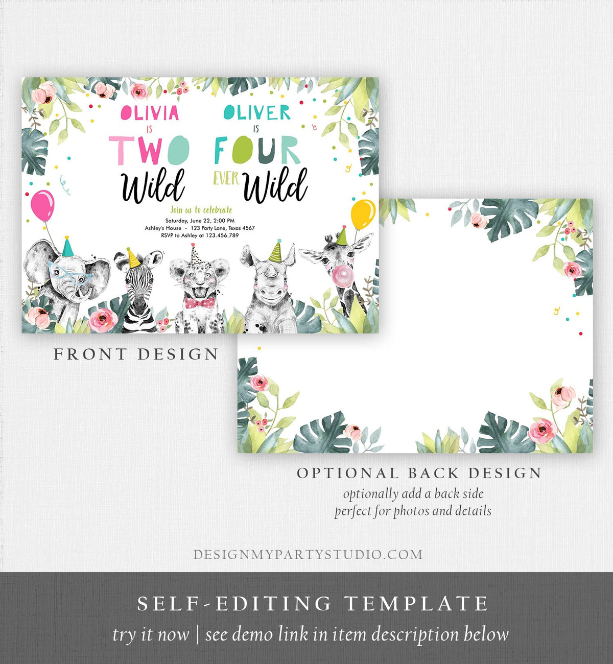 Editable Two Wild Four Ever Wild Birthday Invitation Party Animals Boy Girl Second Fourth 2nd 4th Safari Coed Joint Corjl Template 0322