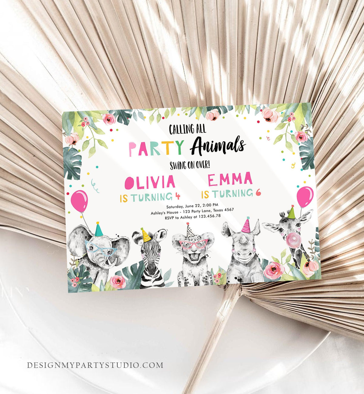 Editable Party Animals Birthday Invitation Wild One Animals Safari Animals ANY AGE Zoo Girl Siblings Joint Corjl Template Printable 0322