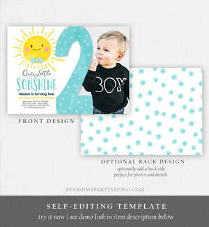 Editable Our Little Sonshine Birthday Invitation You Are My Sunshine Blue Boy Summer 2nd Birthday Two Download Printable Corjl Template 0141