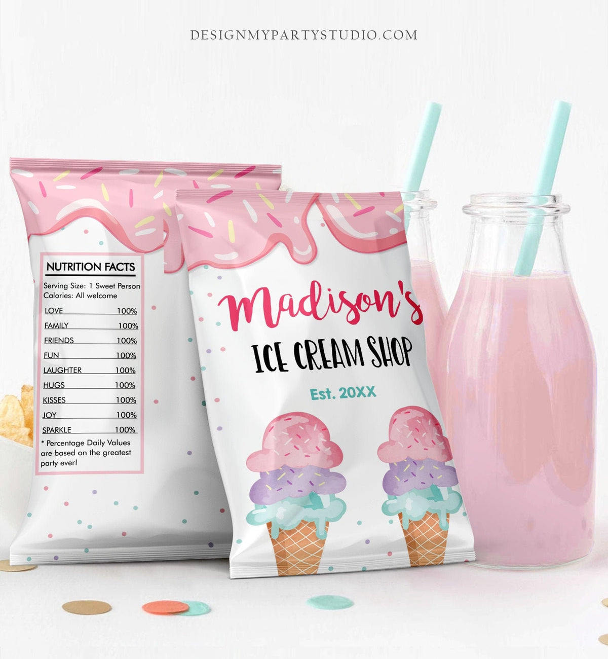 Editable Ice Cream Chip Bag Ice Cream Birthday Party Decor Girl Birthday Ice Cream Truck Scoop Snack Favors Digital Template Printable 0243