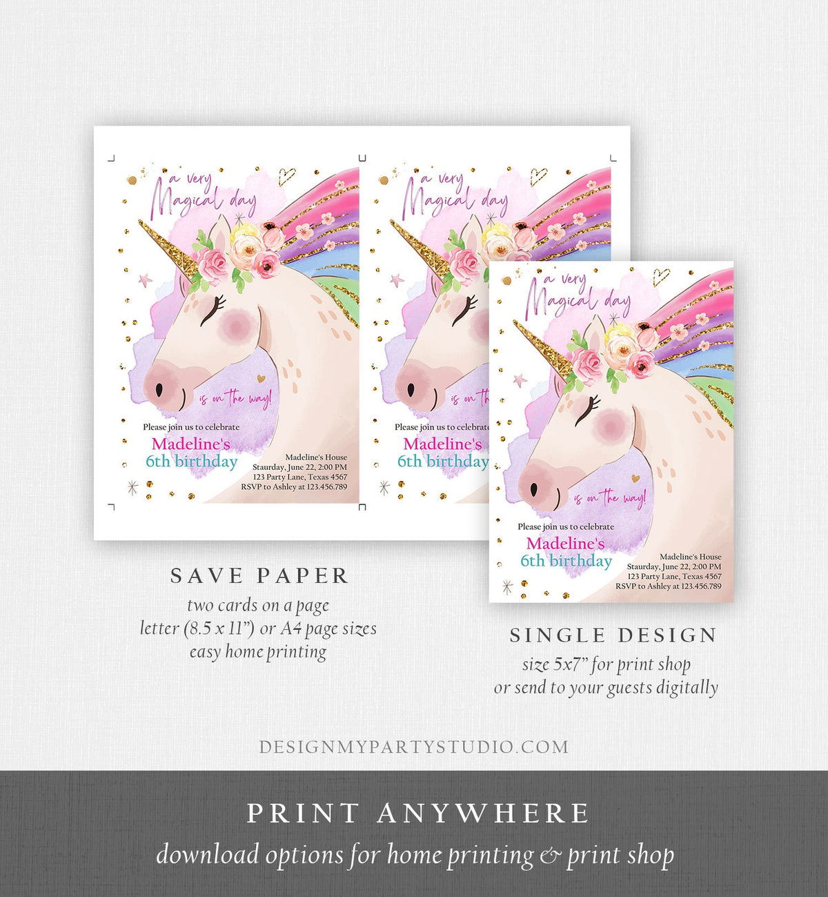 Editable Unicorn Invitation Unicorn Birthday Invitation Magical Unicorn Party Girl Pink Rainbow Digital Download Template Printable 0411