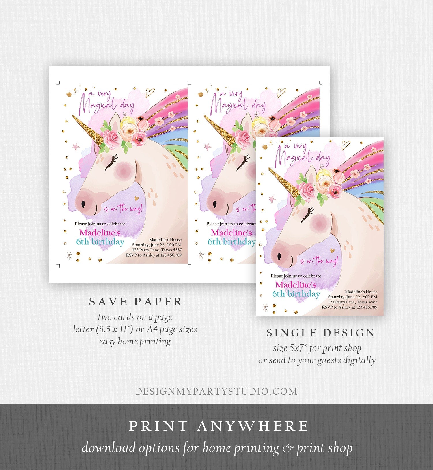Editable Unicorn Invitation Unicorn Birthday Invitation Magical Unicorn Party Girl Pink Rainbow Digital Download Template Printable 0411