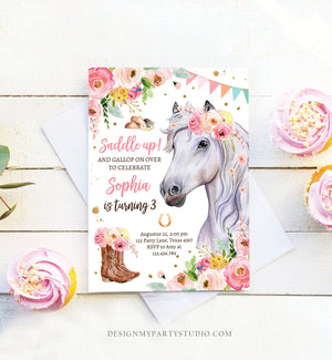 Editable Horse Birthday Invitation Girl Saddle Up Watercolor Cowgirl Party Horse Invite Pink Floral Download Printable Template Corjl 0408