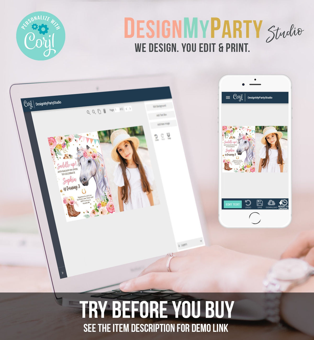 Editable Horse Birthday Invitation Girl Saddle Up Watercolor Cowgirl Party Horse Invite Pink Floral Download Evite Template Printable 0408