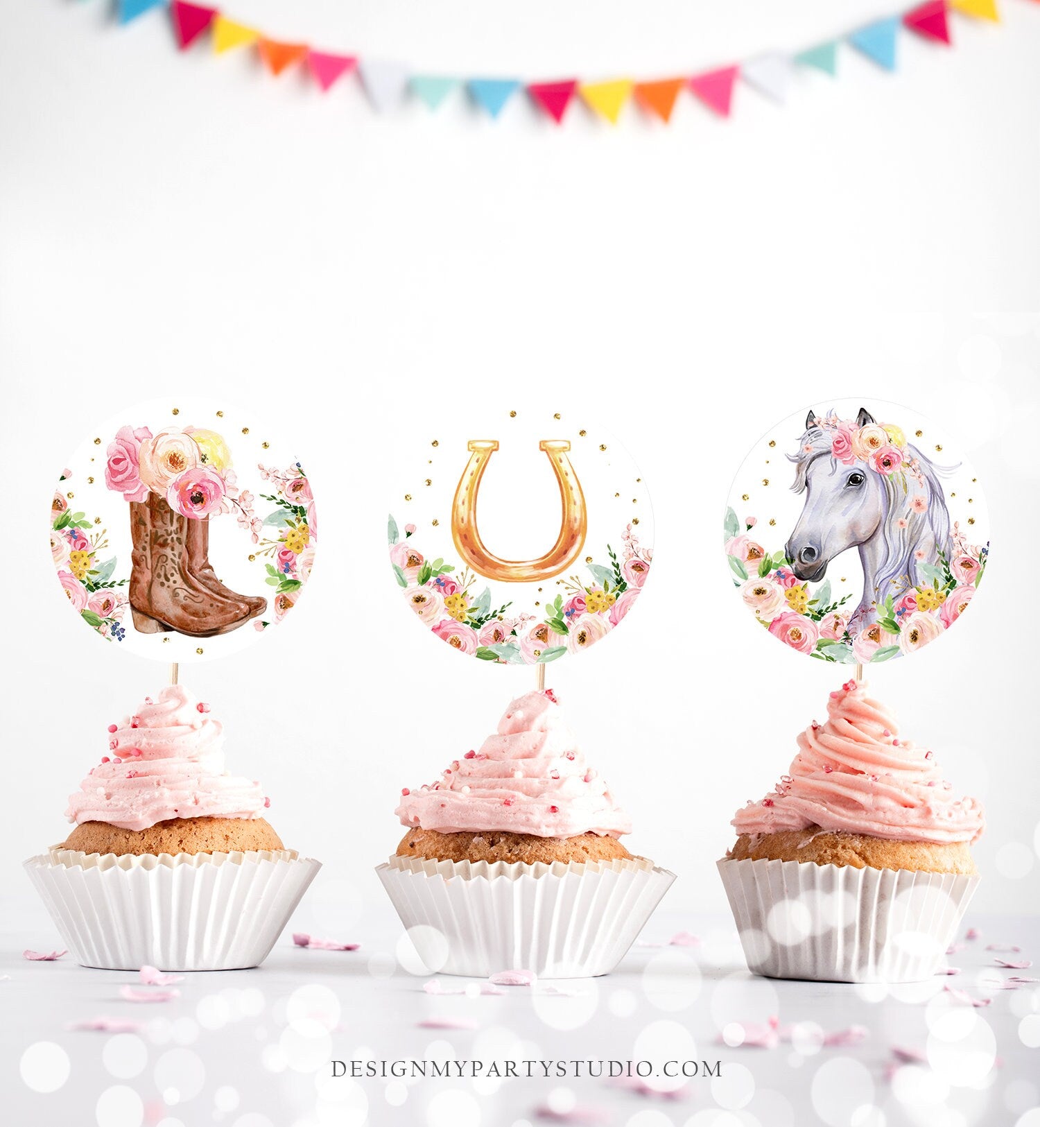 Horse Cupcake Toppers Favor Tags Girl Saffle Up Pony Birthday Party Decoration Cowgirl Floral Horse Pink Download Digital Printable 0408